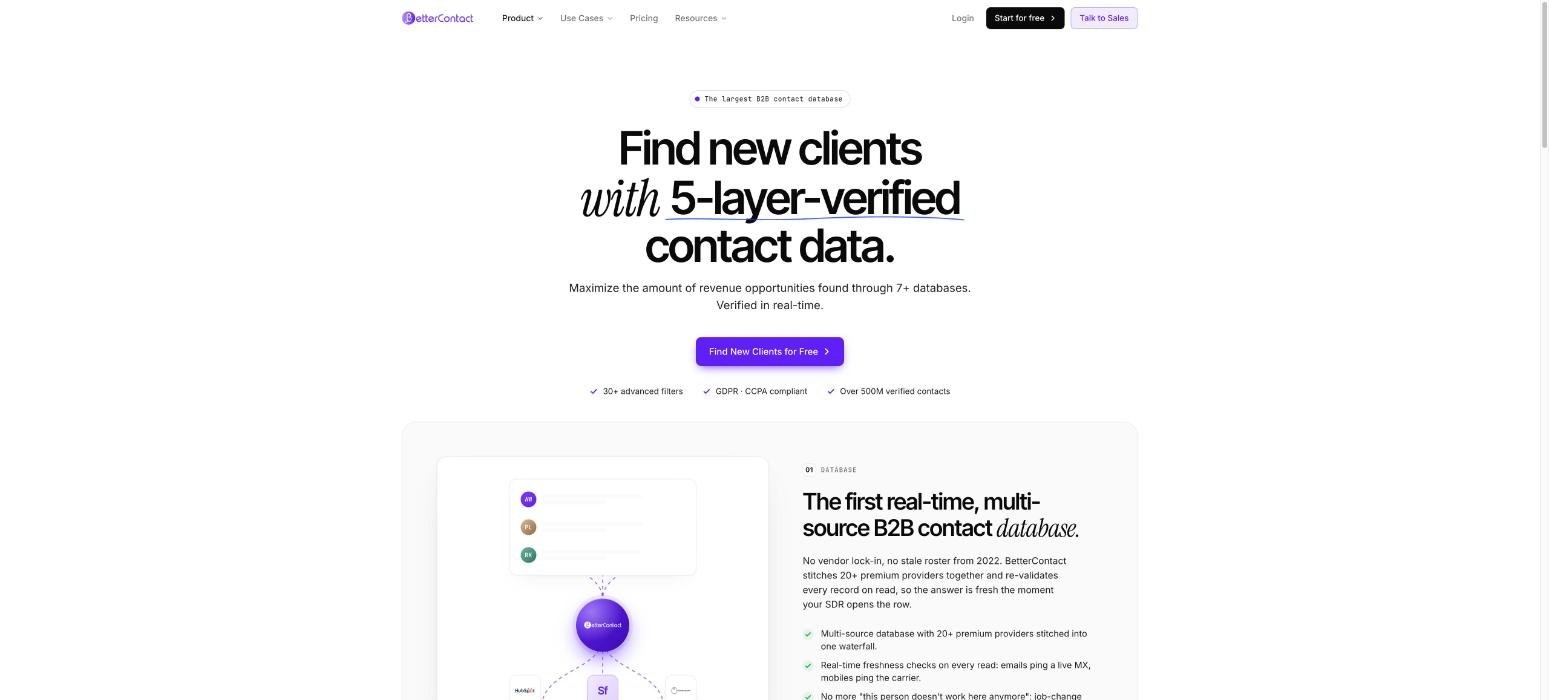BetterContact lead database product page