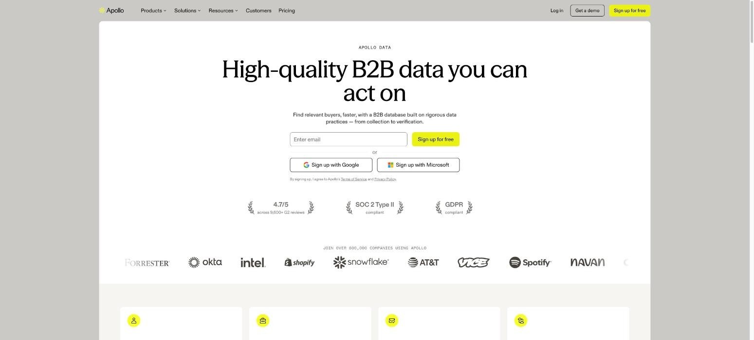 Apollo.io lead database product page