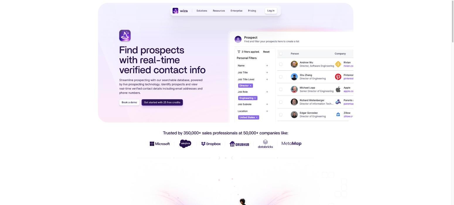 Wiza lead database product page