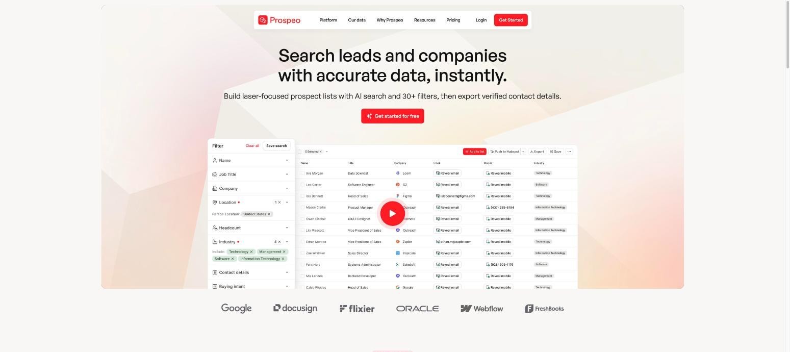 Prospeo B2B leads database page
